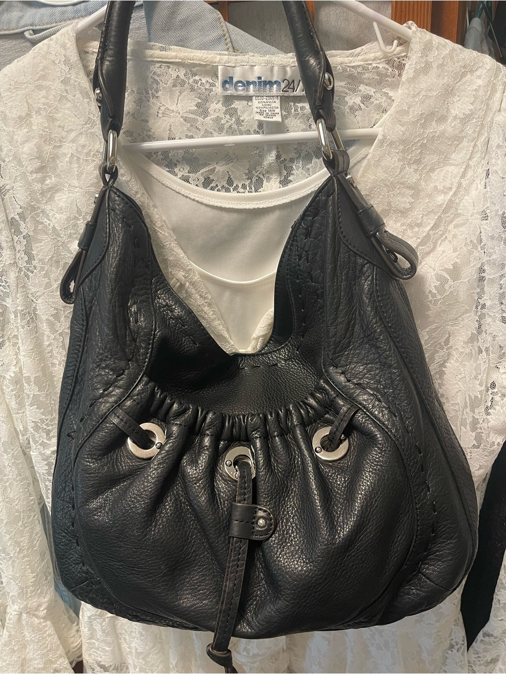 B. makowsky Black Leather Hobo with Silver-Tone Grommets